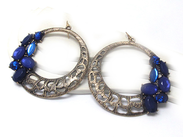 Multi acrylic stone and metal filigree hoop earring - hoops