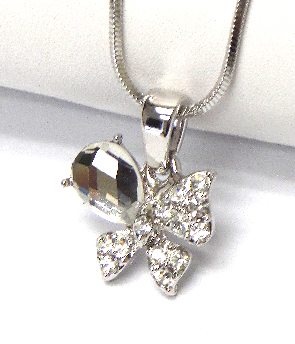 WHITEGOLD PLATING CRYSTAL BOW PENDANT NECKLACE