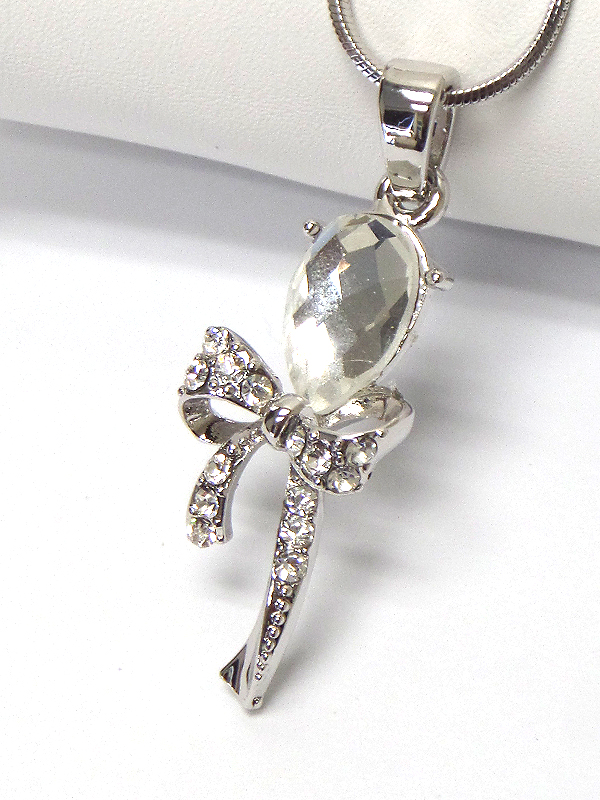 Made in korea whitegold plating crystal tear drop and bow pendant necklace