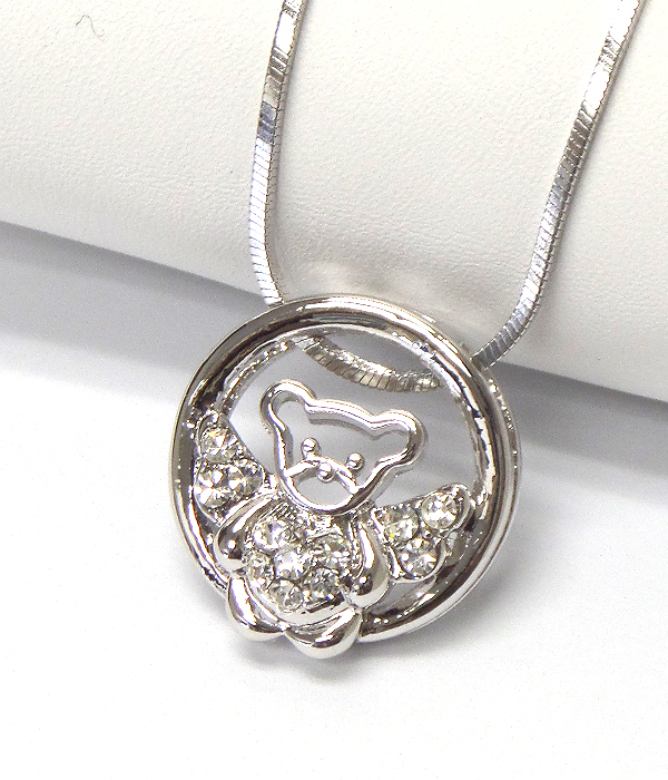 Made in korea whitegold plating crystal stud angel bear round pendant necklace