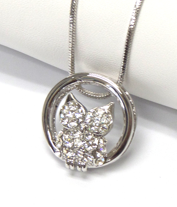 Made in korea whitegold plating crystal stud owl round pendant necklace