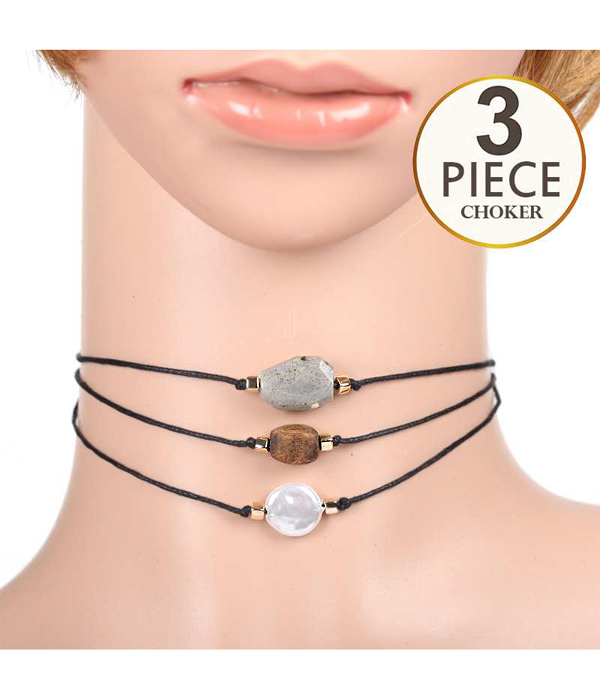 Multi stone 3 piece cord  choker necklace set