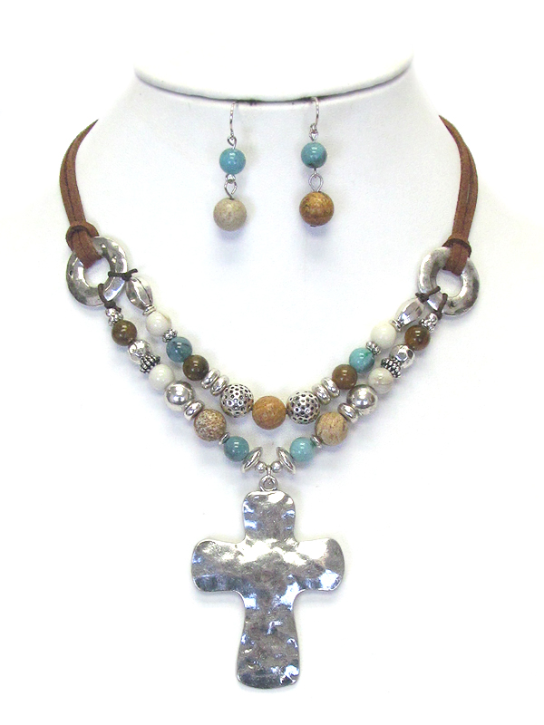 HAMMERD METAL CROSS AND MULTI BALL MIX CHAIN NECKLACE SET