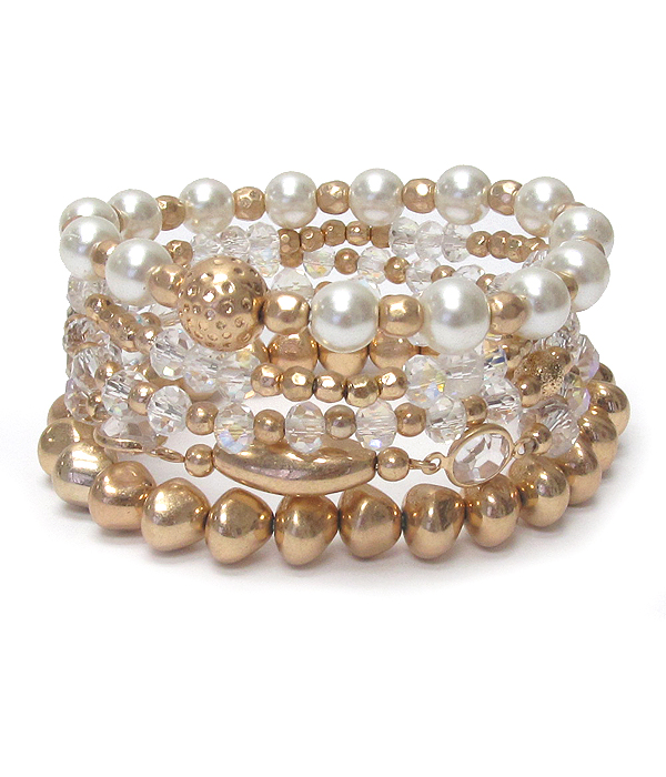MULTI PEARL AND METAL BEAD MIX 5 STRETCH BRACELET SET