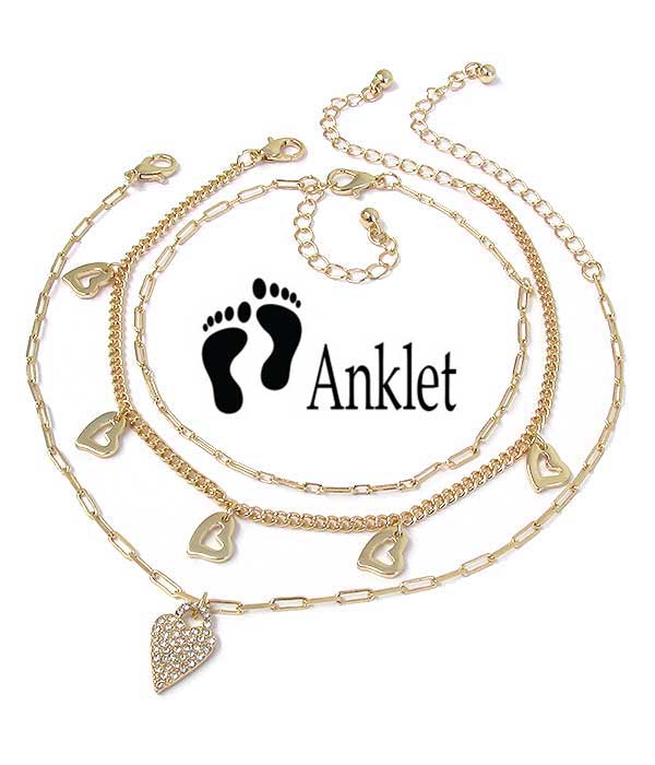 Multi heart charm three anklet set