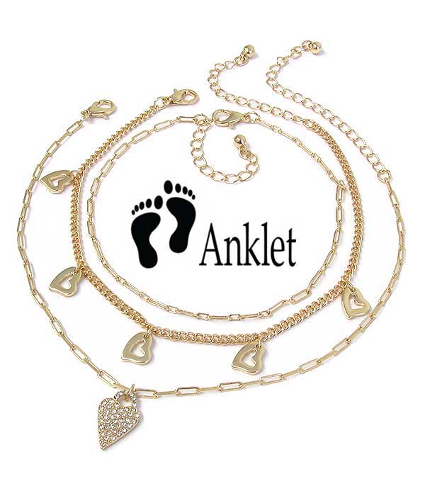 MULTI HEART CHARM THREE ANKLET SET