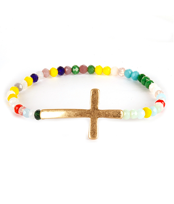 Multi facet stone cross stretch bracelet