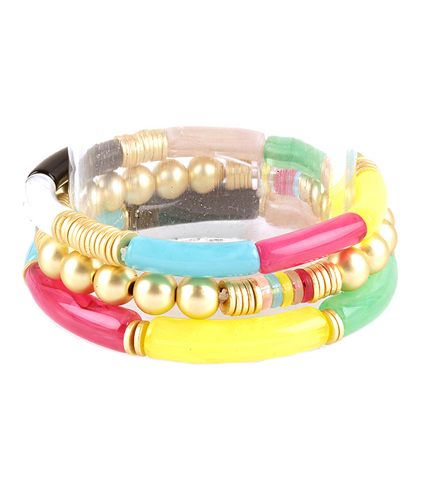 MULTI MIXED BEAD AND ACRYLIC TUBE 3 STRETCH BRACELET SET