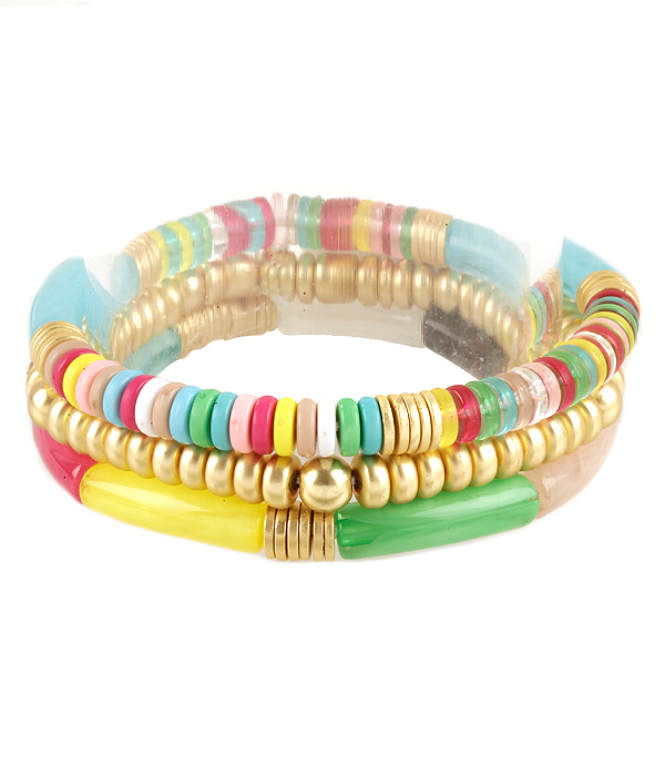 Multi mixed bead and acrylic tube 3 stretch bracelet set