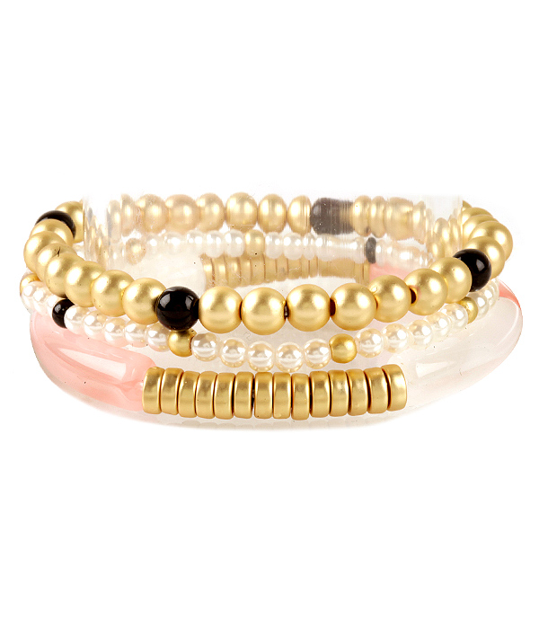 Multi mixed bead and acrylic tube 3 stretch bracelet set
