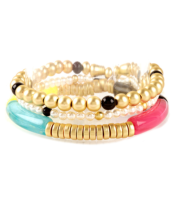 Multi mixed bead and acrylic tube 3 stretch bracelet set