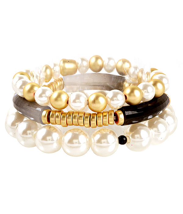 Pearl and mixed bead and acrylic tube  3 stretch bracelet set