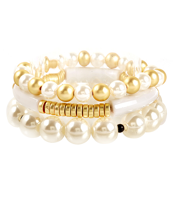 Pearl and mixed bead and acrylic tube  3 stretch bracelet set