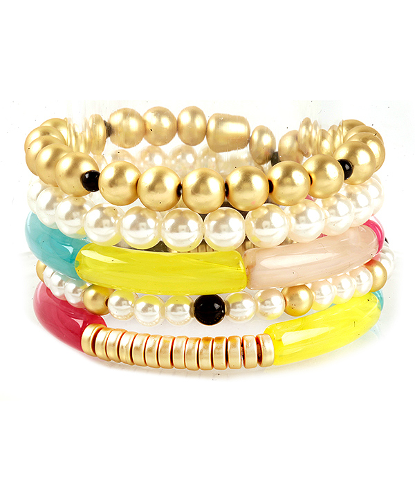 Pearl and mixed bead and acrylic tube  4 stretch bracelet set