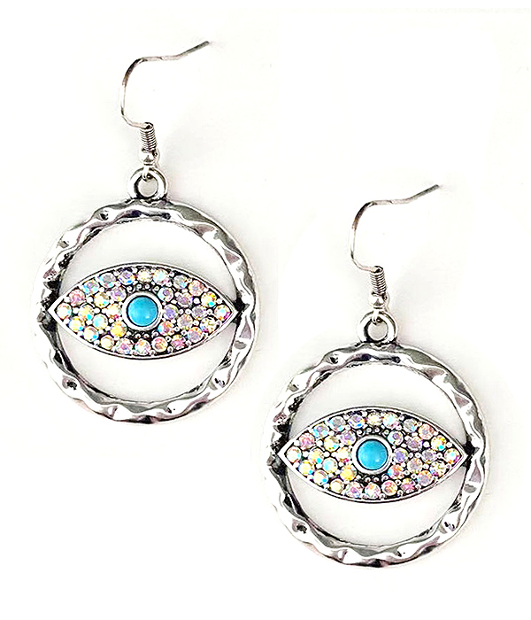 HAMMERED HOOP AND CRYSTAL EVIL EYE EARRING