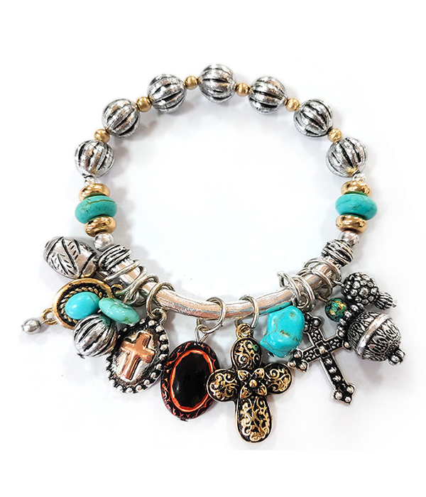 WESTERN THEME MULTI CHARM STRETCH BRACELET - CROSS