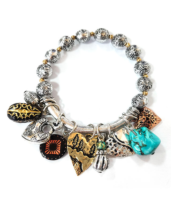 Western theme multi charm stretch bracelet - heart