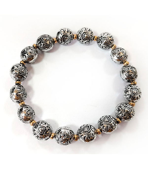 Textured multi metal ball stretch bracelet - heart