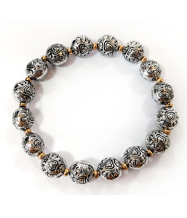 TEXTURED MULTI METAL BALL STRETCH BRACELET - HEART