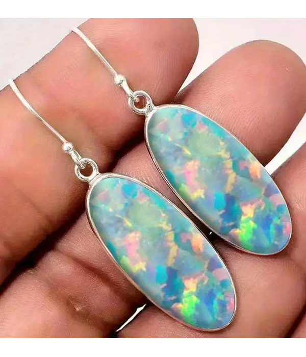 Stone paint oval earring - opal