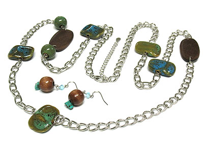 Natural look figuline and wood bead and long chain necklace set