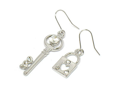 Made in korea whitegold plating crystal key and lock earring