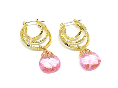 Facet crystal drop and small triple hoop earring - hoops