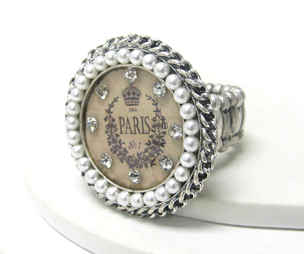 Pearl and crystal deco round stretch ring - paris pic