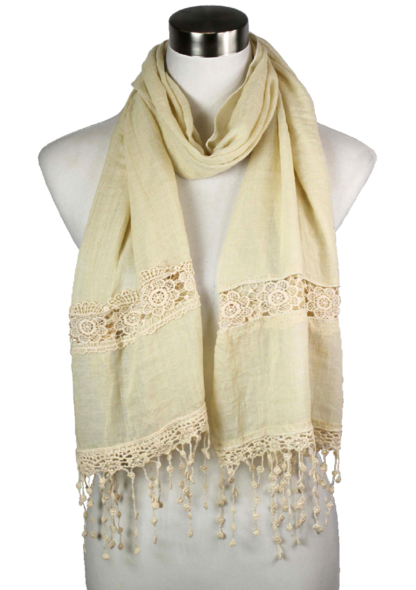 Rose lace side with long dangle lace end scarf - 70% polyester 30% cotton