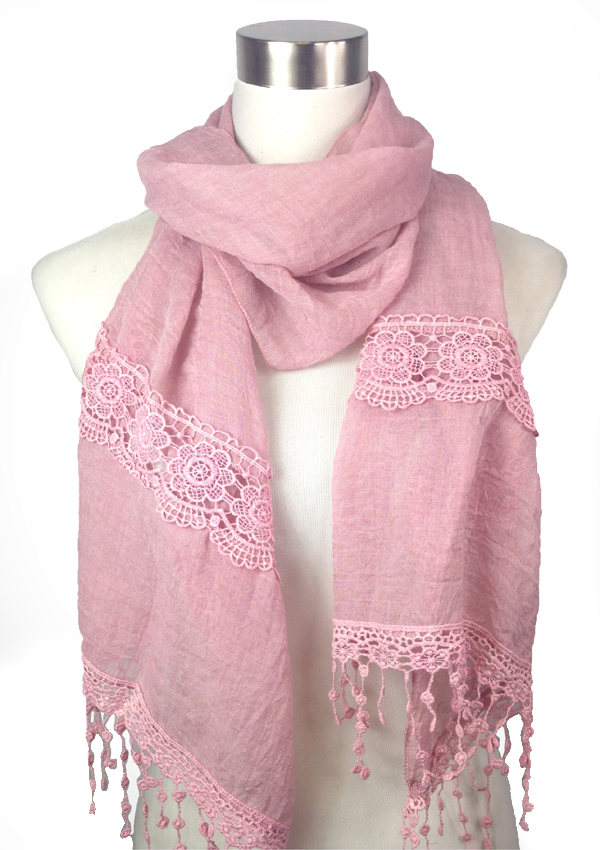 Rose lace side with long dangle lace end scarf - 70% polyester 30% cotton