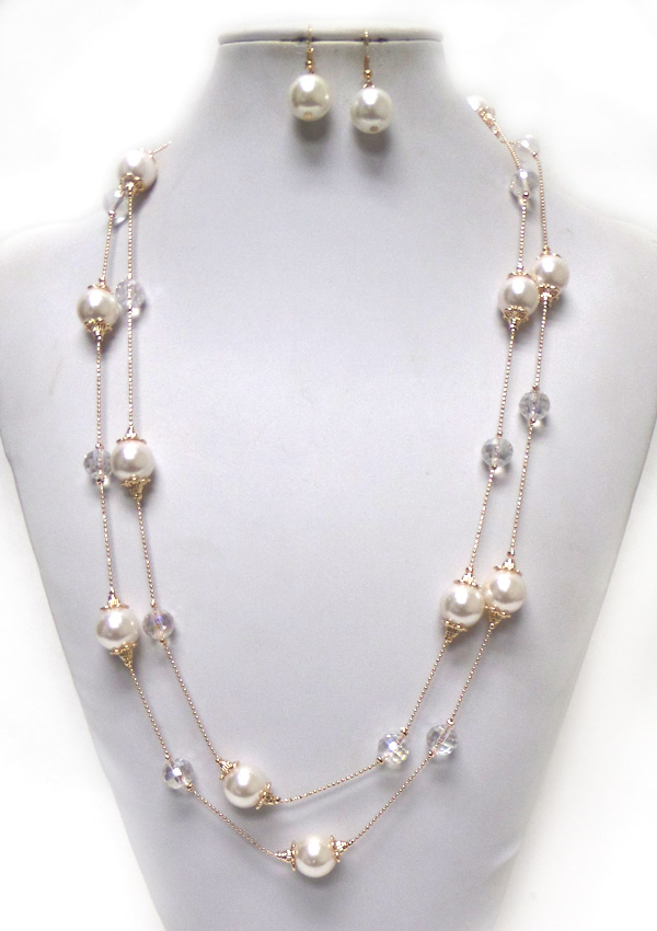 Two layer pearl link long necklace set 