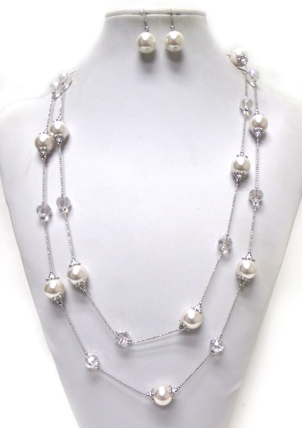 Two layer pearl link long necklace set 