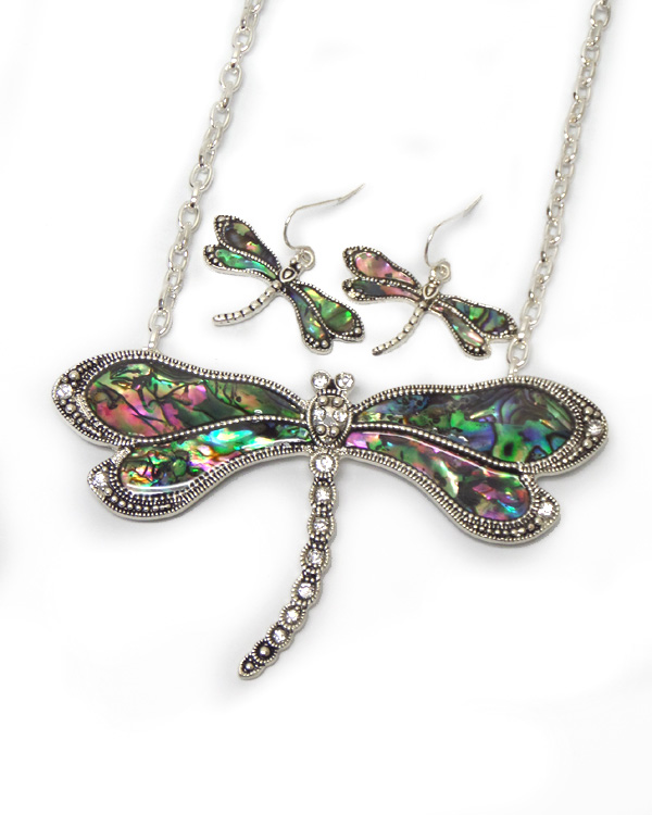 Abalone stone  dragonfly necklace set