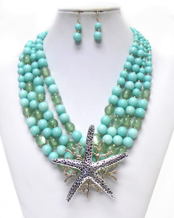 4 layer beads with metal texture starfish necklace set