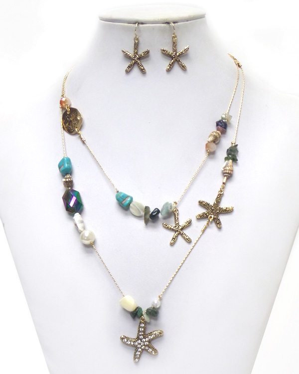 2 layer sea life theme multi stones with starfish necklace set 