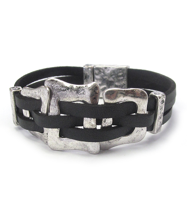 Hammered square metal link leatherette band magnetic bracelet