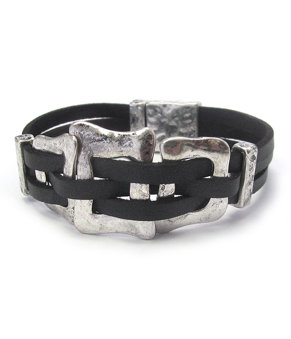 HAMMERED SQUARE METAL LINK LEATHERETTE BAND MAGNETIC BRACELET