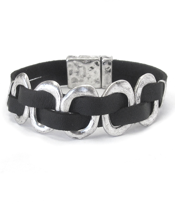 Hammered oval metal link leatherette band magnetic bracelet