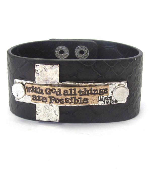 Religious inspiration cross leatherette band bracelet - matt 19:26
