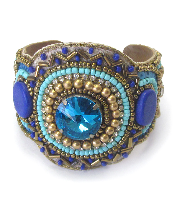 Multi seed bead and semi precious stone mix brass bangle bracelet