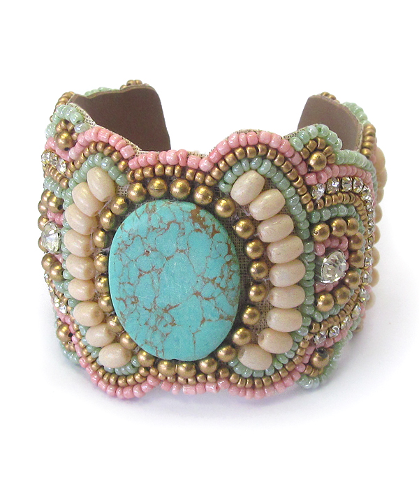 Multi seed bead and semi precious stone mix brass bangle bracelet