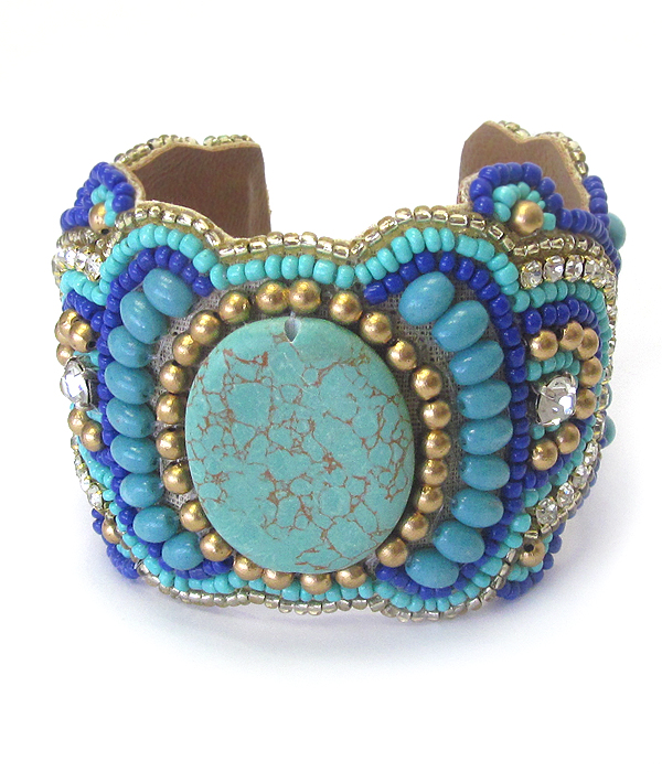 Multi seed bead and semi precious stone mix brass bangle bracelet