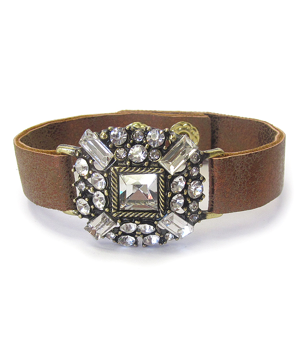 Crystal pendant leatherette band bracelet