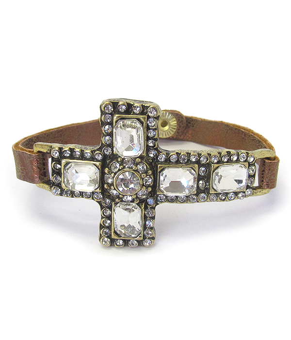 CRYSTAL CROSS LEATHERETTE BAND BRACELET