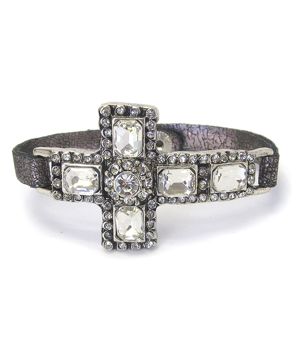 CRYSTAL CROSS LEATHERETTE BAND BRACELET