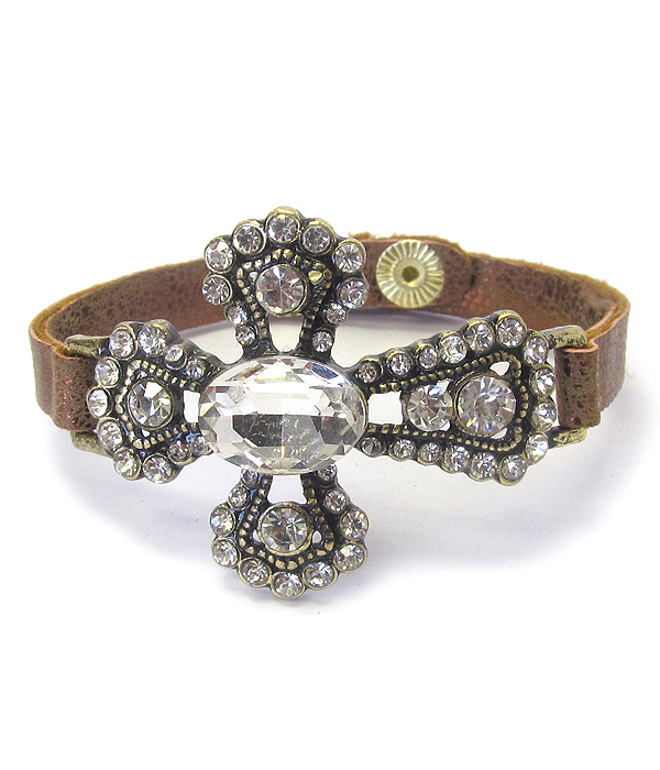 CRYSTAL CROSS LEATHERETTE BAND BRACELET