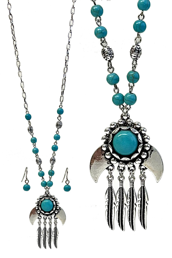 Boho style turquoise and feather drop pendant necklace set