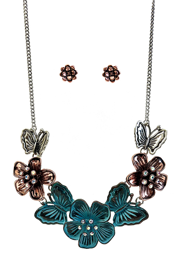 Vintage metal garden theme charm link necklace set - flower butterfly