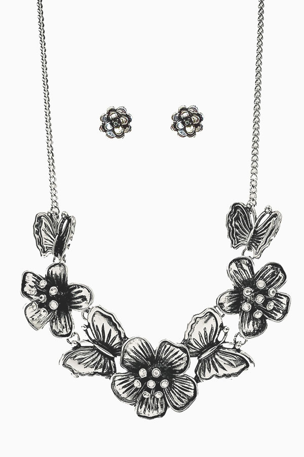 VINTAGE METAL GARDEN THEME CHARM LINK NECKLACE SET - FLOWER BUTTERFLY
