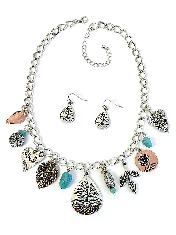 MULTI VINTAGE CHAIM DANGLE NECKLACE SET - TREE OF LIFE